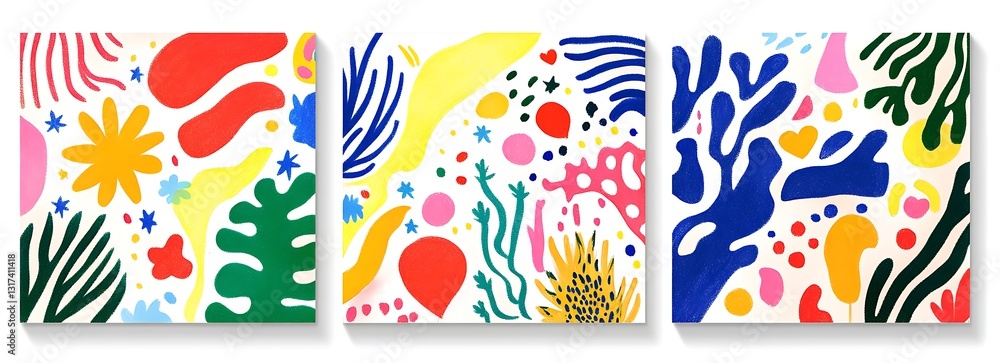 Fototapeta premium Set of three vector seamless patterns in modern abstract style with nature motifs, flowers, leaves and hand drawn texture