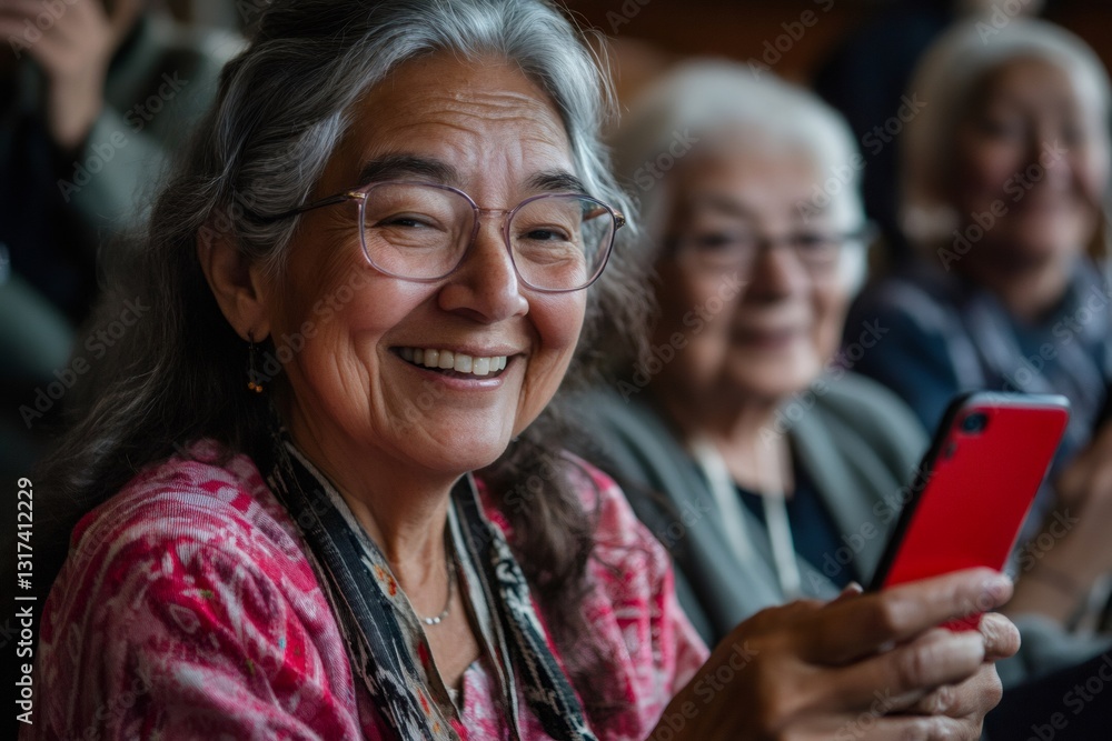 Happy senior woman using smartphone with friends in background Happy senior woman using smartphone with friends in background