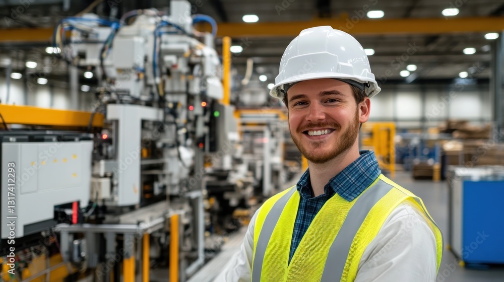 Smiling worker in a factory setting Smiling worker in a factory setting