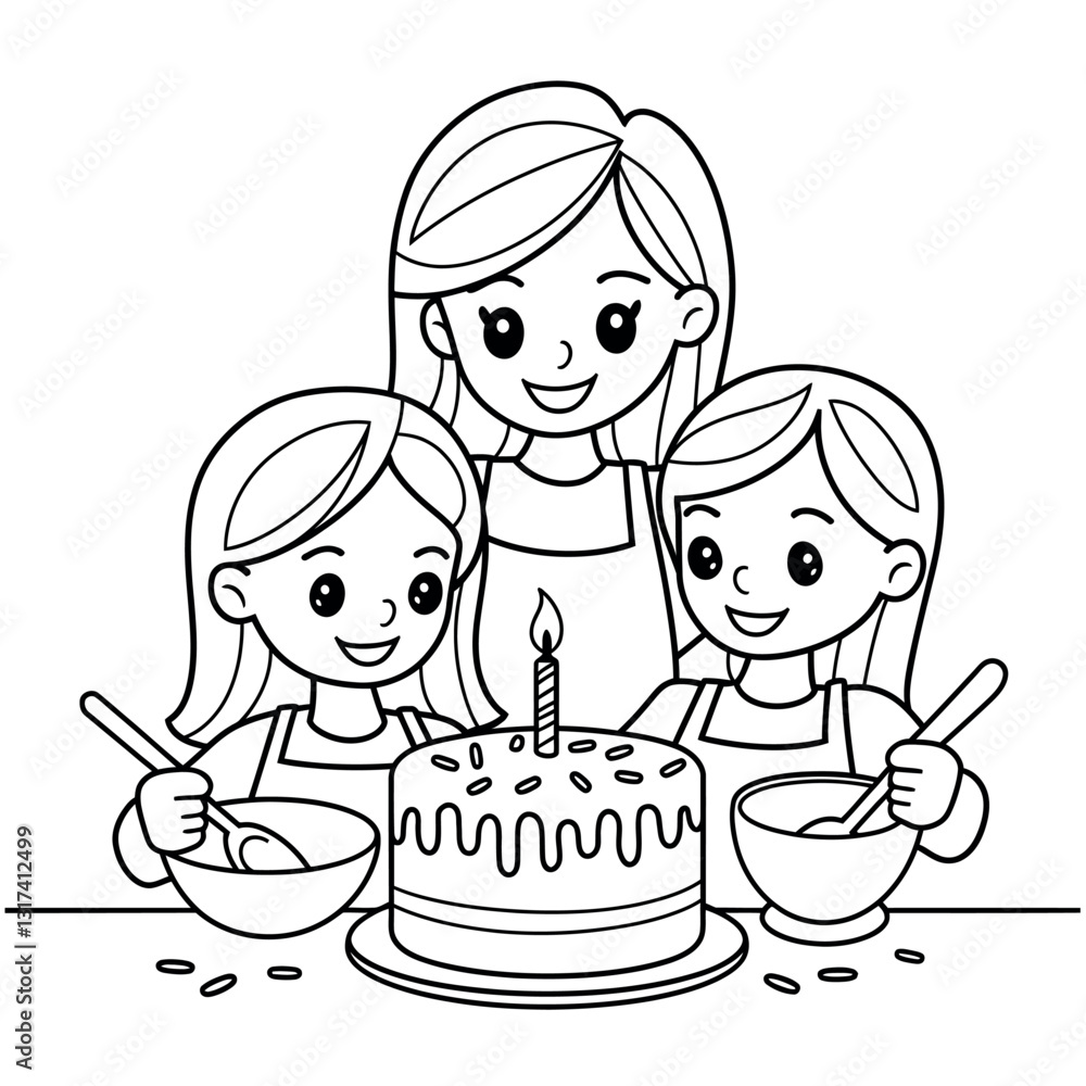 Happy Mother and Daughters Baking a Birthday Cake - Coloring Page Happy Mother and Daughters Baking a Birthday Cake - Coloring Page