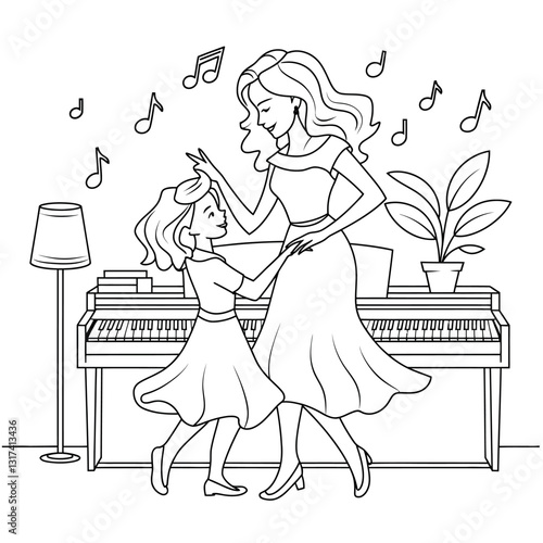 Mother and Daughter Dancing in a Living Room with Piano