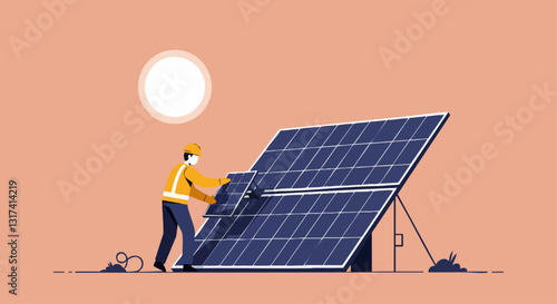 Engineer inspects solar panels under the sun, highlighting clean energy solutions and renewable technologies.
