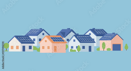 Illustrated homes with solar panels on rooftops in a suburban neighborhood, highlighting clean and renewable energy solutions.