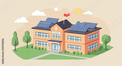 A modern school building with solar panels, surrounded by greenery and bright skies, symbolizing sustainability and eco-friendly education.