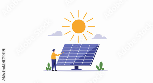 Illustration of a person examining a solar panel under a bright sun, representing renewable energy and sustainability.