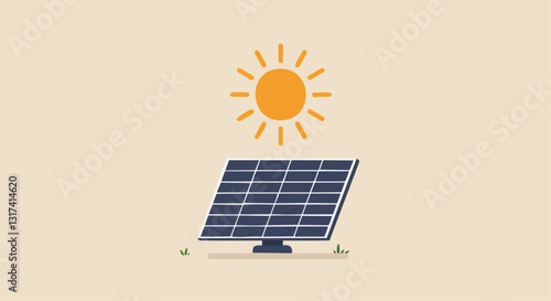 Illustration of a solar panel harnessing energy from the sun, symbolizing renewable energy and sustainability on a beige background.