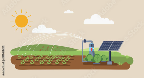 Illustration of a solar-powered irrigation system in a sunny farm field, highlighting sustainable agriculture and renewable energy.