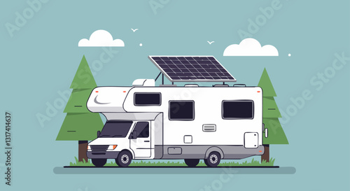 Illustration of a solar-powered RV parked in a scenic forest setting, highlighting sustainable travel and outdoor adventure.