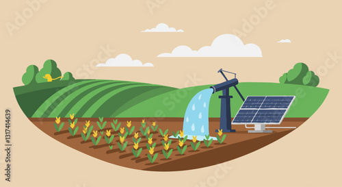 Solar-powered irrigation system waters a thriving crop field under a clear sky, showcasing renewable energy and sustainable agriculture.