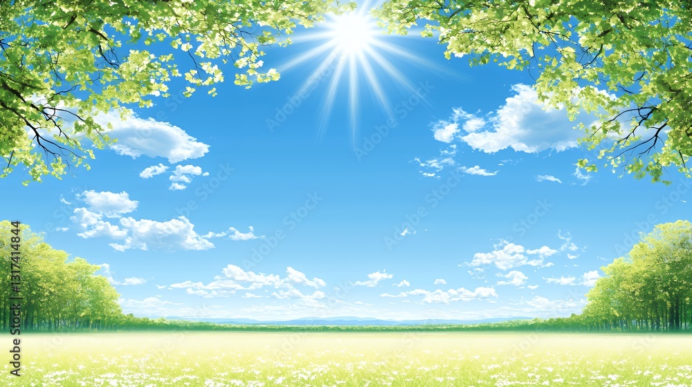 Bright Sunny Day Spring Landscape With Lush Green Trees And White Meadow