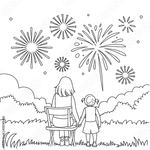 Mother and daughter watching fireworks display in park