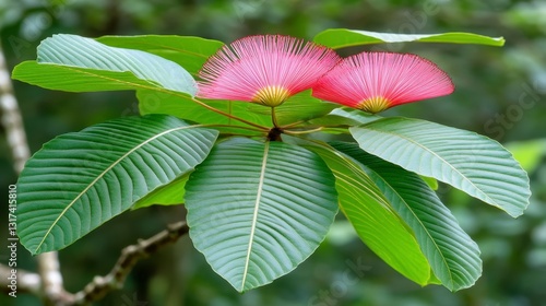 Close up view of a vibrant pink flower with unique textured petals, surrounded by lush green leaves with prominent veins. The image showcases intricate details of the blossom and foliage.