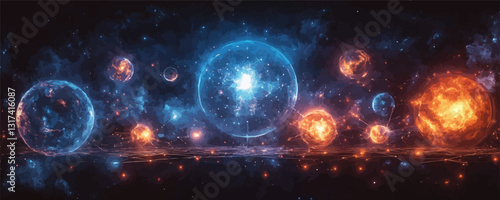 Cosmic planets icons set: flat linear vector style of glowing celestial bodies.