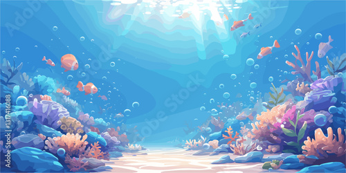 Underwater coral reef icons set in flat vector style with marine life and sunlight.
