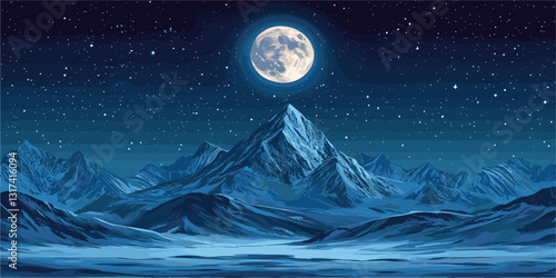 Flat vector icons set: nighttime mountain landscape with full moon and starry sky.