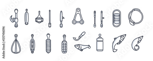 Fishing gear vector icons set in linear style: hooks, rods, bobbers, and tackle kit.