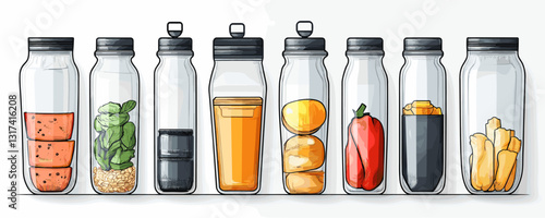 Linear icons set of food and ingredient containers in flat style vector.