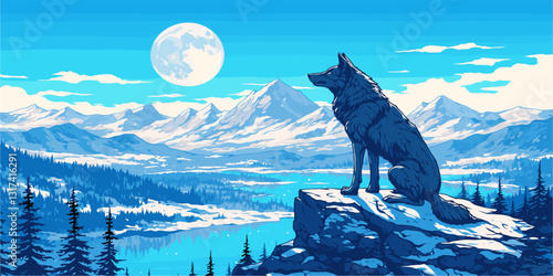Flat icons set featuring howling wolf in mountainous landscape under full moon.