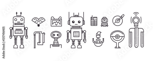 Flat linear icons set of robots and technology gadgets - vector style.