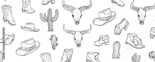 Western themed flat icons set featuring cowboy hats, boots, and skull in linear style.