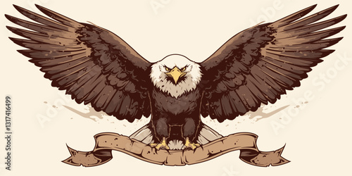 Majestic eagle with spread wings on banner, wildlife and patriotism symbols, flat icons set, vector.