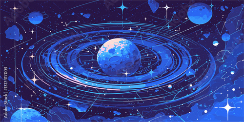 Futuristic space exploration with planets and stars vector, linear style icons set.