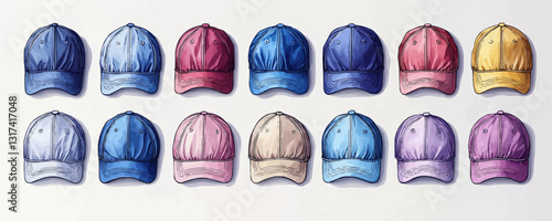 Baseball caps icons set in flat vector style featuring various colors and designs.