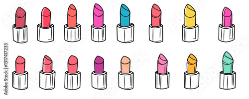 Flat linear lipstick icons set with vibrant colors.
