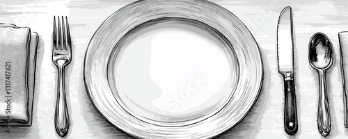 Flat style dining icons set: linear vector of tableware including plate, fork, knife, spoon, and napkin.