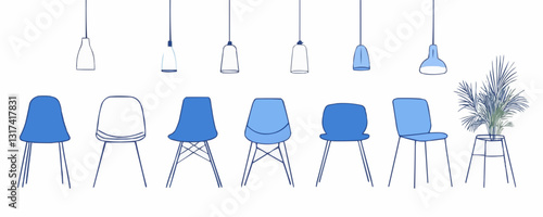 Flat icons set: modern chairs and lamps vector with minimalist design.