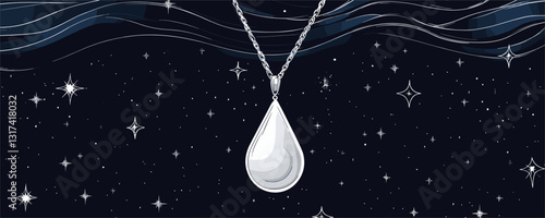 Linear vector icons set of silver pendant and stars with waves on black background.