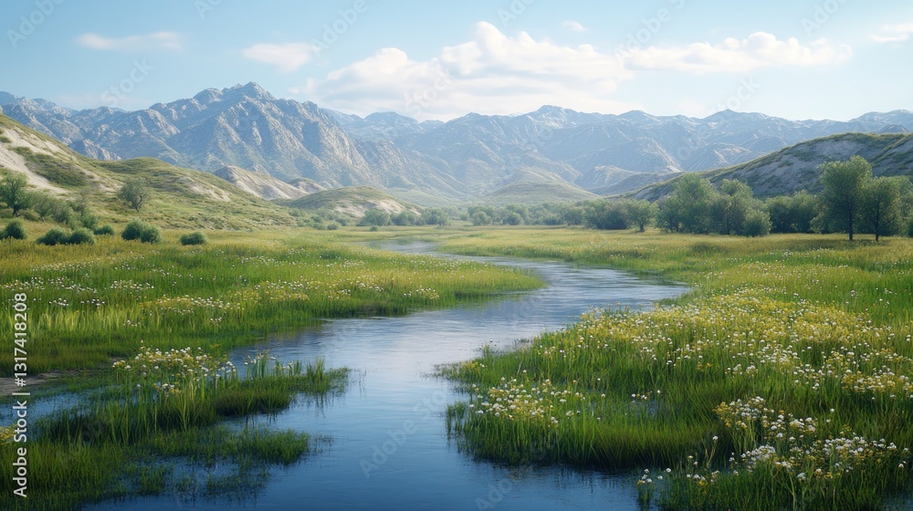 Obraz premium Serene River Valley Landscape: Breathtaking Mountain Scenery