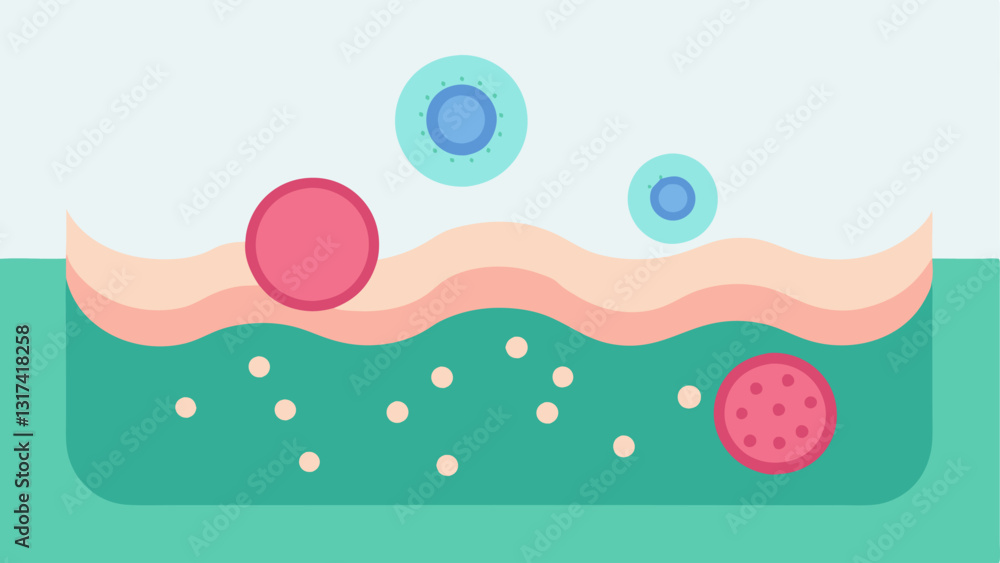 Skin Cell Regeneration A graphic representation of skin cells regenerating with exosomes being shown as tiny particles interacting with skin cells to promote healing and growth. Skin Cell Regeneration A graphic representation of skin cells regenerating with exosomes being shown as tiny particles interacting with skin cells to promote healing and growth.