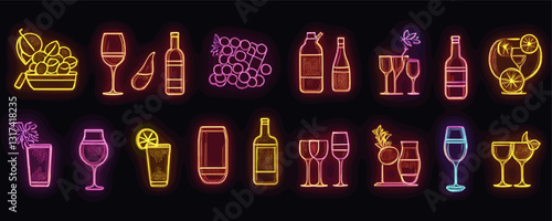 Neon linear icons set of cocktails and wine in flat style - vector graphics.