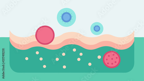 Skin Cell Regeneration A graphic representation of skin cells regenerating with exosomes being shown as tiny particles interacting with skin cells to promote healing and growth.