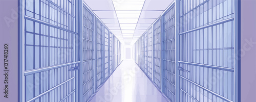Linear flat icons set featuring prison corridor with metal doors in perspective.