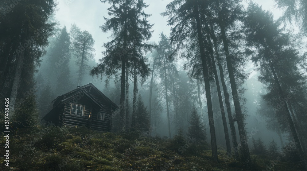 Eerie cabin retreat nestled in a hazy forest of towering conifers trees Eerie cabin retreat nestled in a hazy forest of towering conifers trees