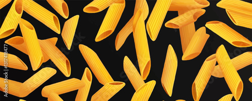 Flat pasta icons set on dark background, penne rigate vector design elements.