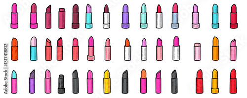 Flat lipstick icons set - colorful linear cosmetics collection.