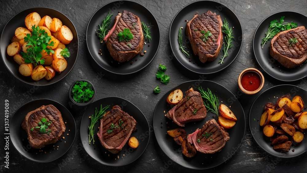 A Collection of Black Plates with Grilled Beef, Perfect for Culinary Presentations A Collection of Black Plates with Grilled Beef, Perfect for Culinary Presentations