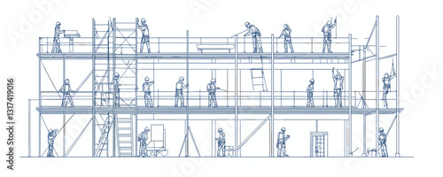 Linear flat icons set of construction workers at site in vector style.