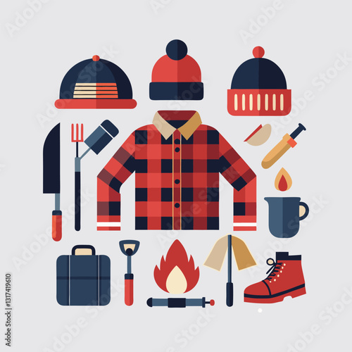  Lumberjack Gear Flat Icons Camping & Outdoor Style Set
