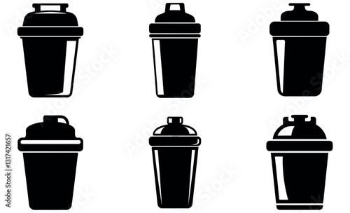 A collection of six black silhouette shaker bottles, showcasing various styles and shapes, from sports-style to cocktail shakers.