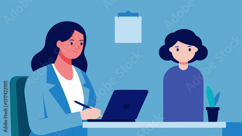Reporting A professional woman sitting at a desk holding a notepad with a pen while another colleague is at a nearby desk nervously looking over.
