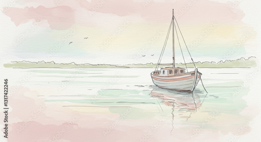 Naklejka premium Hand-Drawn Watercolor Boat Illustration