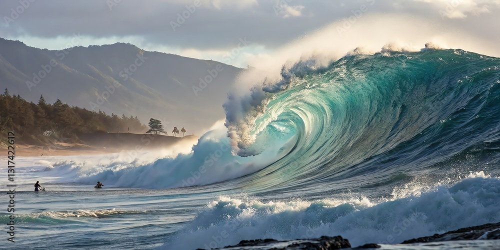 Massive ocean wave crashing along scenic coastal shoreline under dramatic skies.