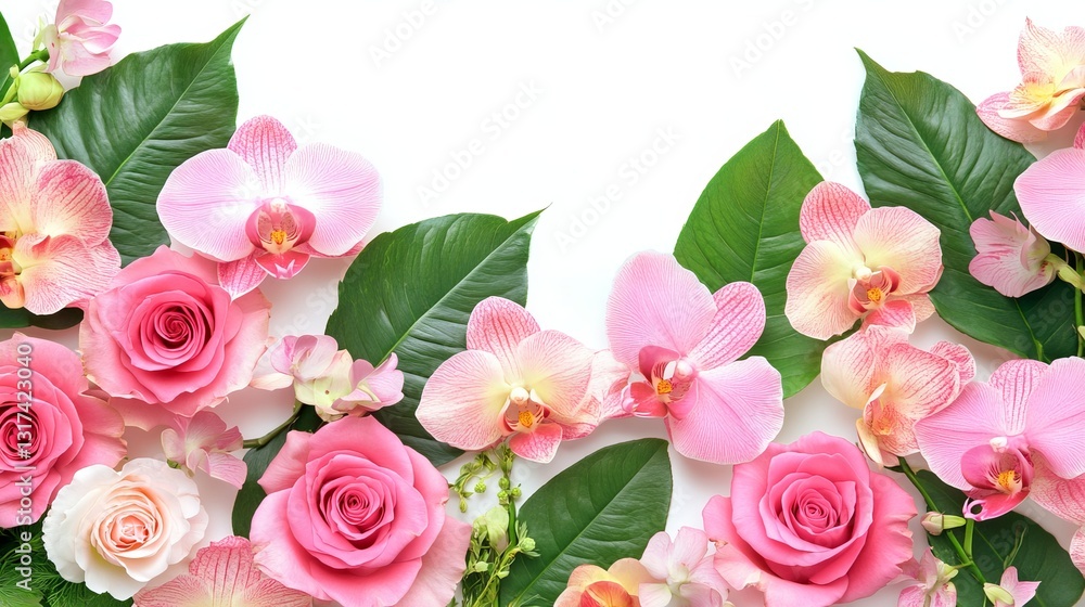 Pink roses orchids green leaves wedding backdrop Pink roses orchids green leaves wedding backdrop