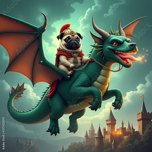 Epic Adventure of a Cute Pug Riding a Fire-Breathing Green Dragon in a Whimsical Fantasy Realm - Perfect for Storytelling and Medieval Hero Illustrations