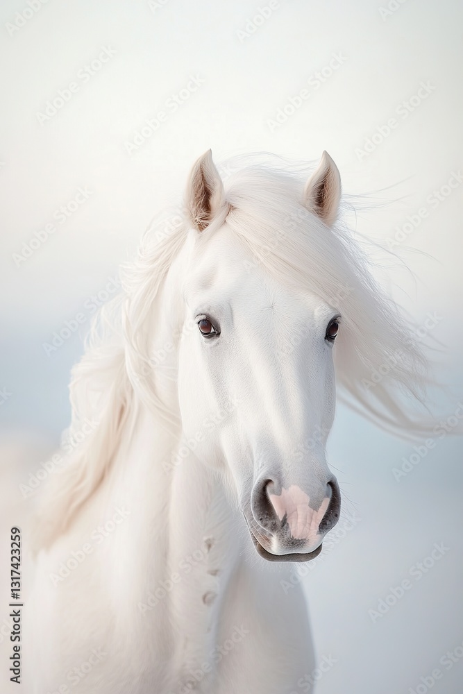 Fototapeta premium A pure white stallion with a long flowing mane is rendered in expressive oil style. The background is a dreamy blend of blues and whites, creating a soft and gentle light effect