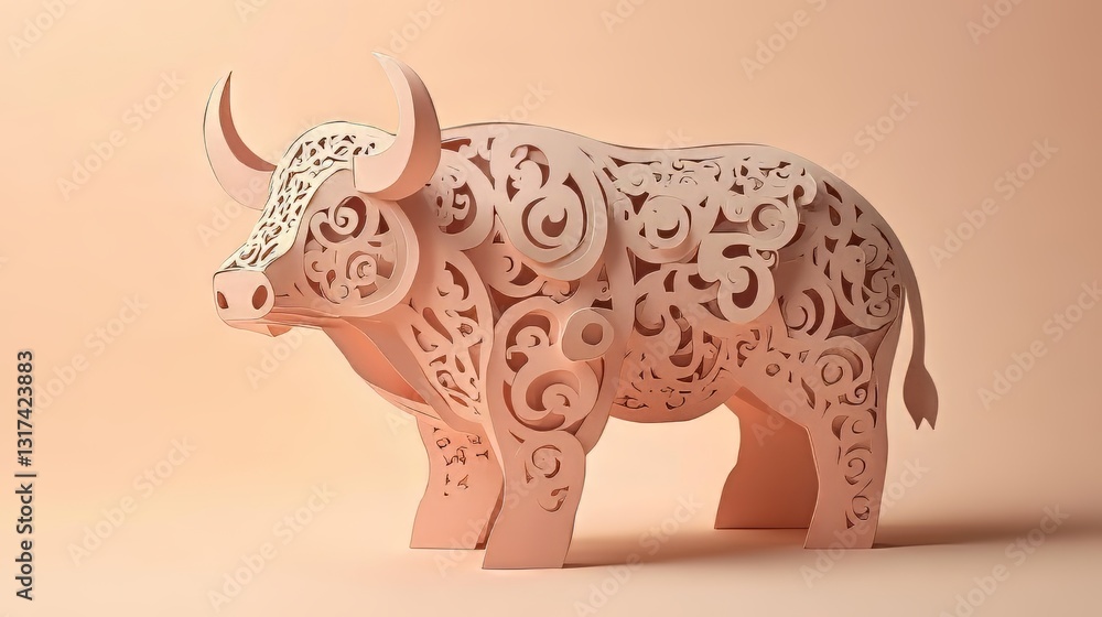 Fototapeta premium Intricate pink paper-cut bull sculpture with decorative swirls and curves.